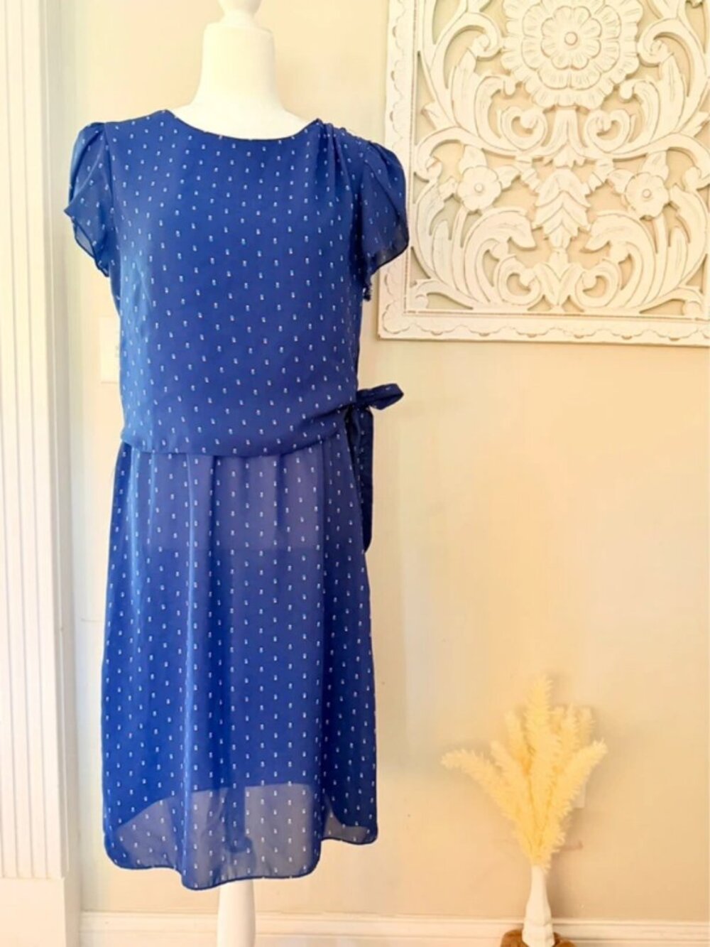 Jenny Navy Polka Dot Chiffon Midi Dress Tie Waist UK 10 12